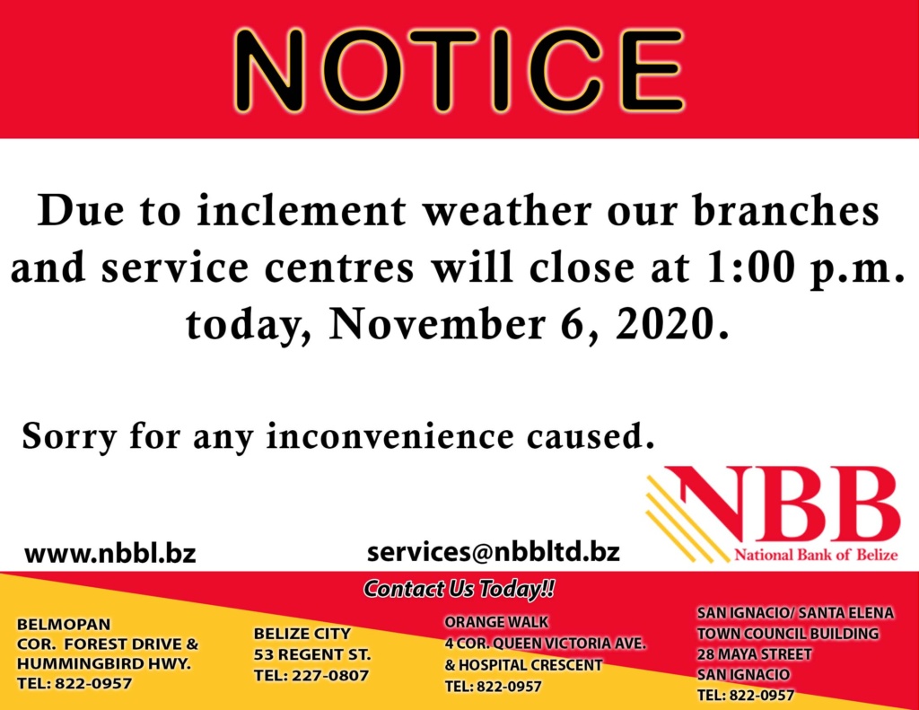 Temporary Closure Notice - National Bank of Belize